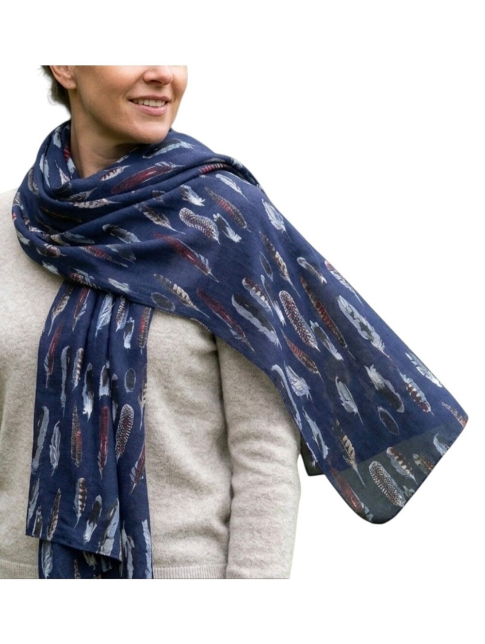 Joy Susan Feather Print Scarf Navy Blue 70 x 27
